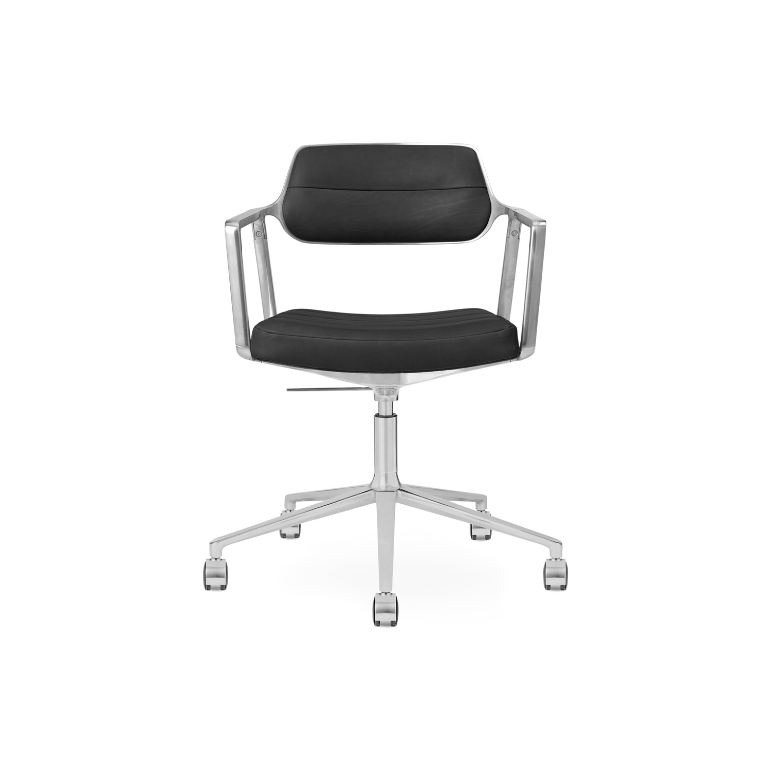 Vipp 453 SWIVEL+-työtuoli pyörillä, musta nahka/kiillotettu alumiini – Designsuosikki